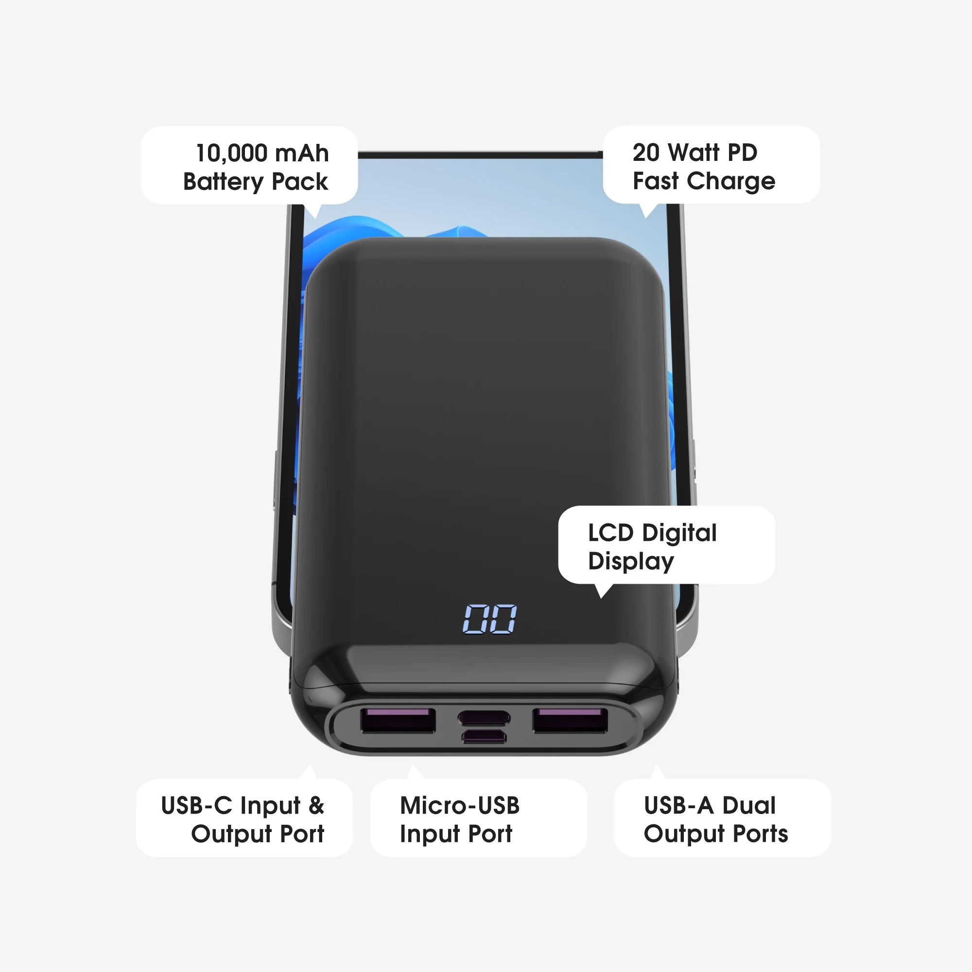 10,000mAh Quick Charge Powerbank w/ USB-C, USB-A (x2), Micro-USB
